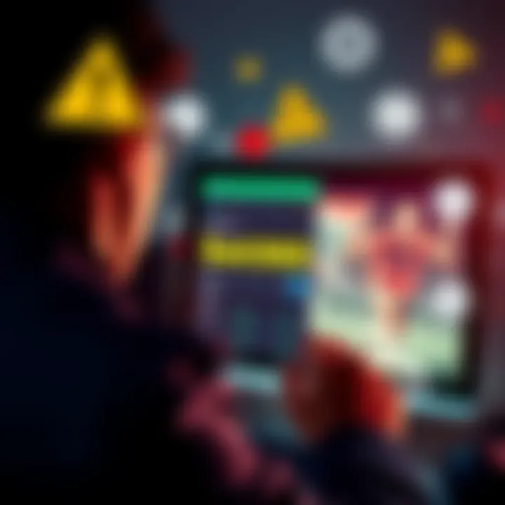 A person looking at a computer screen with betting options on Bet365, surrounded by symbols of caution and trust, representing the search for legitimate providers in Canada.