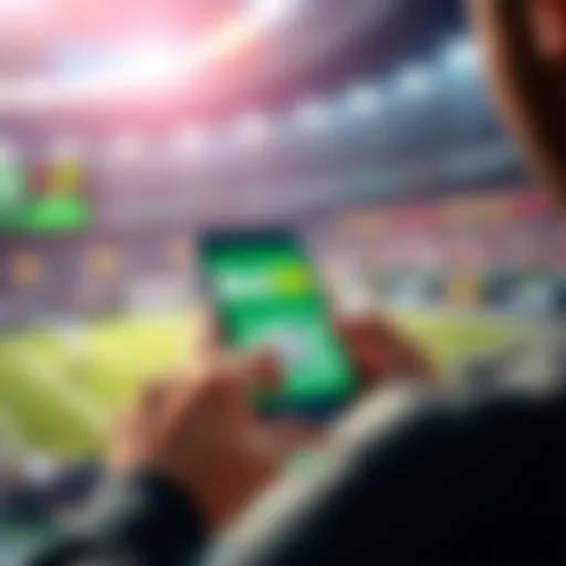 A person using a smartphone to place a sports bet on Bet365 with sports graphics in the background.