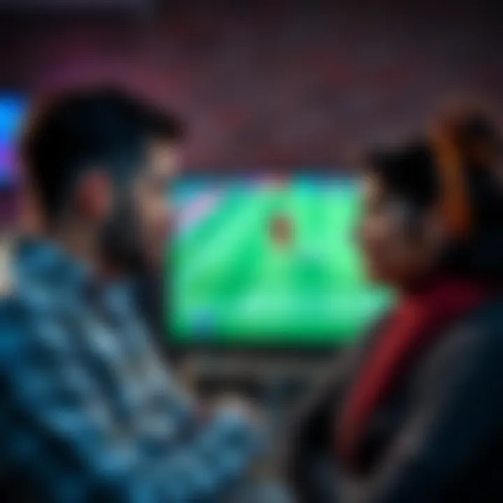 A couple discussing a sports bet, looking puzzled with a football game on TV in the background