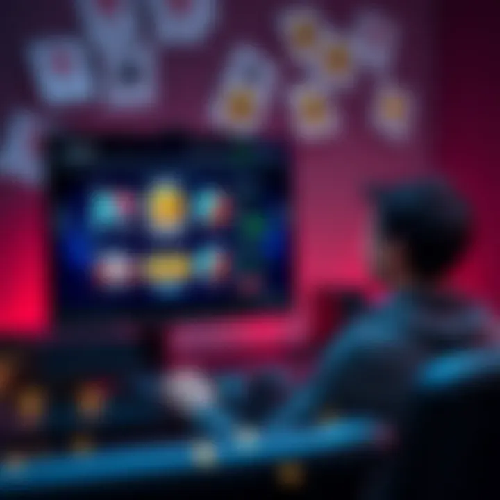 A player sitting in front of a computer screen displaying a betting site, looking frustrated after a loss, with a few game symbols around indicating wins and losses.