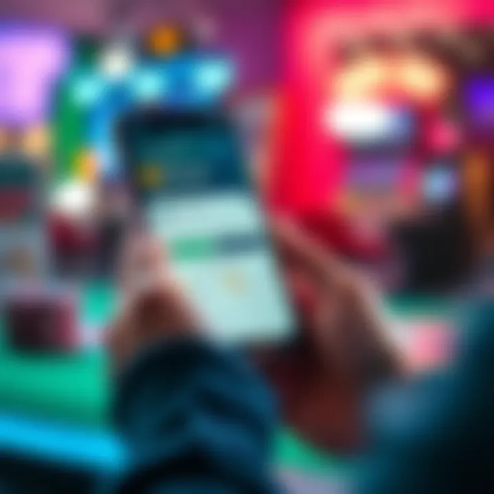 A person using a smartphone to beta test a new gambling control app. The screen shows a user-friendly interface with features to help manage gambling habits.