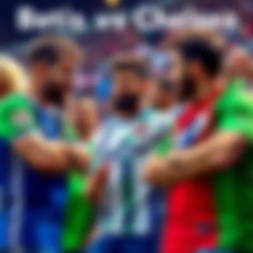 Fans passionately discussing the upcoming Betis vs Chelsea match, showing team colors and jerseys.