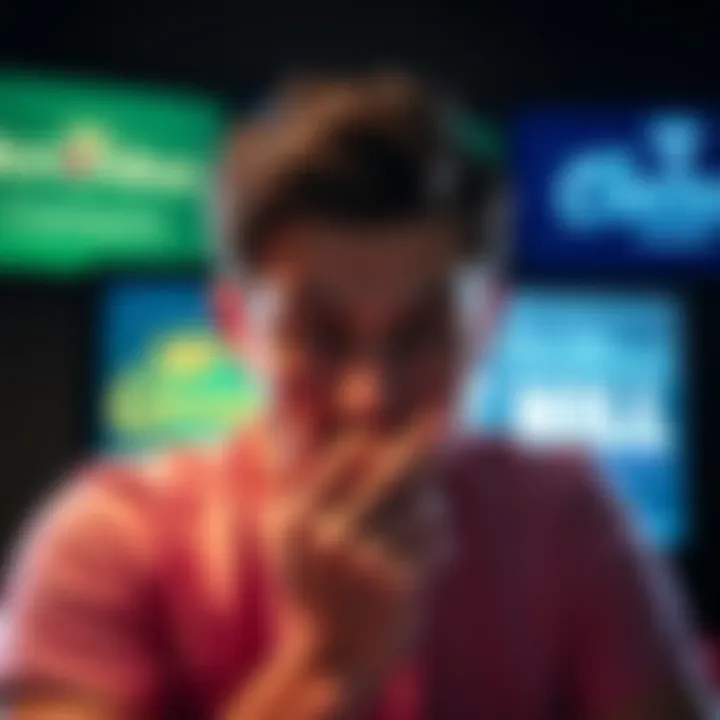 A frustrated bettor looking at a BetOnline screen showing no refunds, with contrasting logos of Caesar's and William Hill in the background.