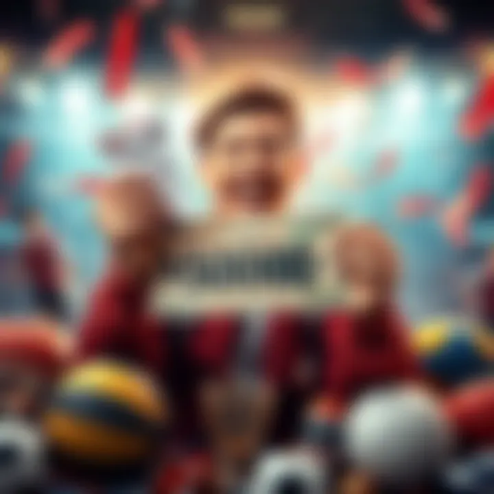 Betting Success A person celebrating a big win in sports betting, showing a cash prize of 5000 dollars while holding a betting slip, surrounded by sports paraphernalia.