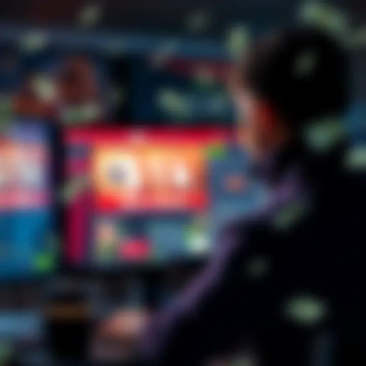 A person looking at a computer screen displaying a betting bonus offer, with money graphics around.