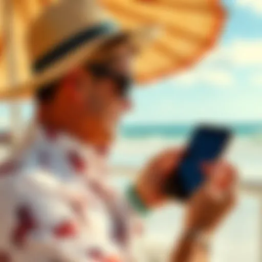 A person placing bets on a horse race using a mobile device while enjoying the sunny Florida beach.