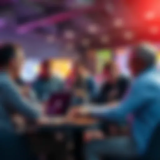 A group of people discussing betting strategies, showing concern over recent changes in sports betting options, seated at a table with laptops and notes.