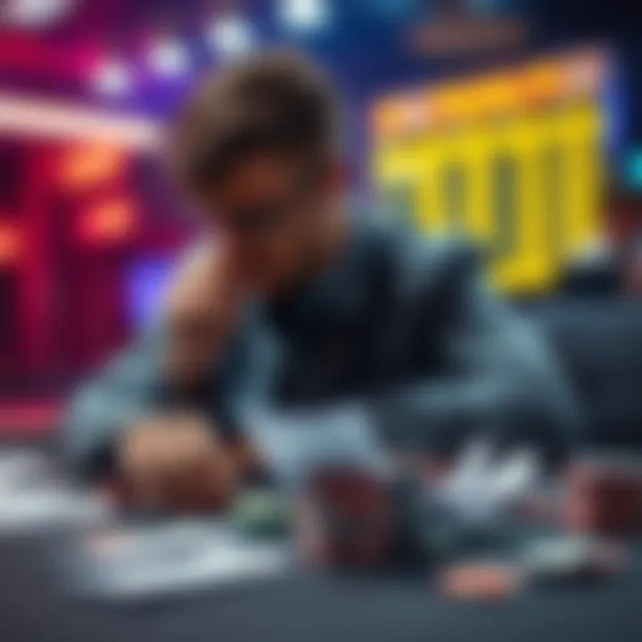 A person at a betting table making a thoughtful decision, surrounded by betting slips and chips