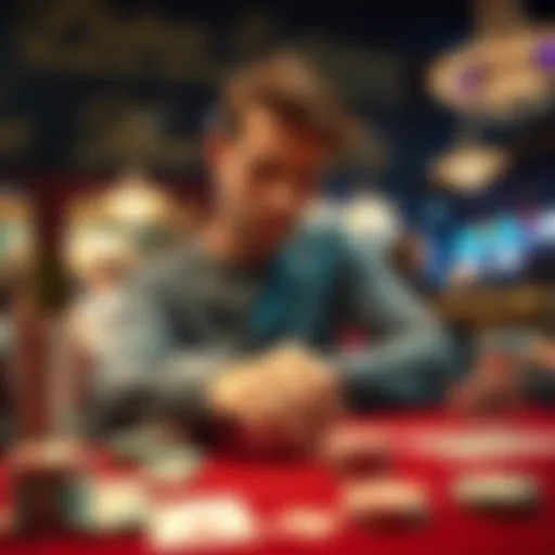 A person looks pensive while placing a bet at a casino table, surrounded by chips and cards, reflecting the mix of risk and reward in gambling.