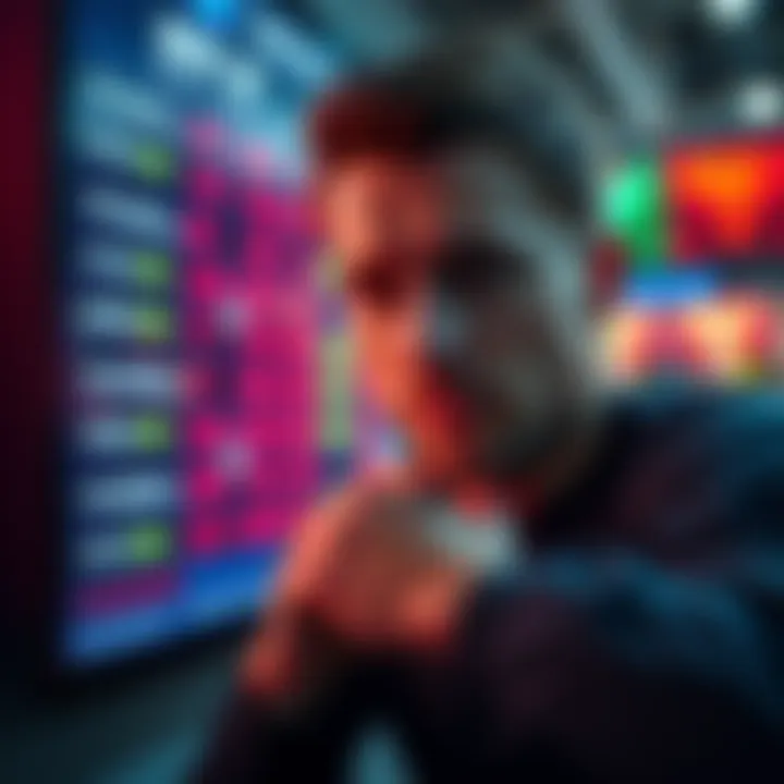 A person looking at sports betting odds on a screen with a dice and a thoughtful expression, reflecting on predictions and luck.