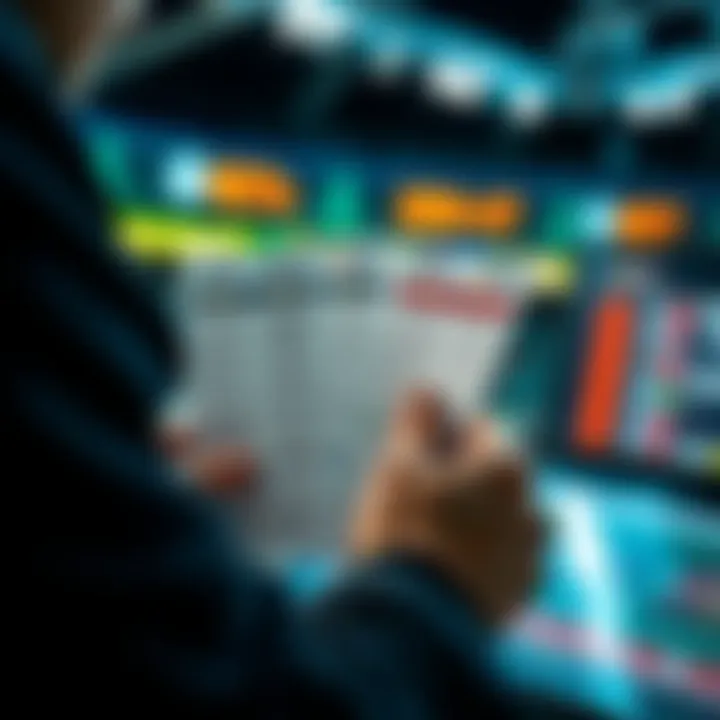 A person analyzing betting slips with various sports games listed, considering potential wins and losses.