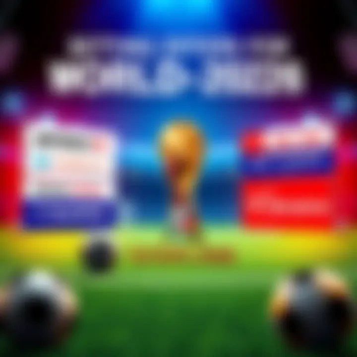 Betting Offers for World Cup 2026 A graphic showing various sports betting promotions for the World Cup 2026 from different platforms like BetMGM and Caesars, with soccer elements in the background.