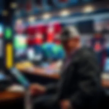 A fan placing a bet on a baseball game at a sports book, with Red Sox merchandise visible in the background.