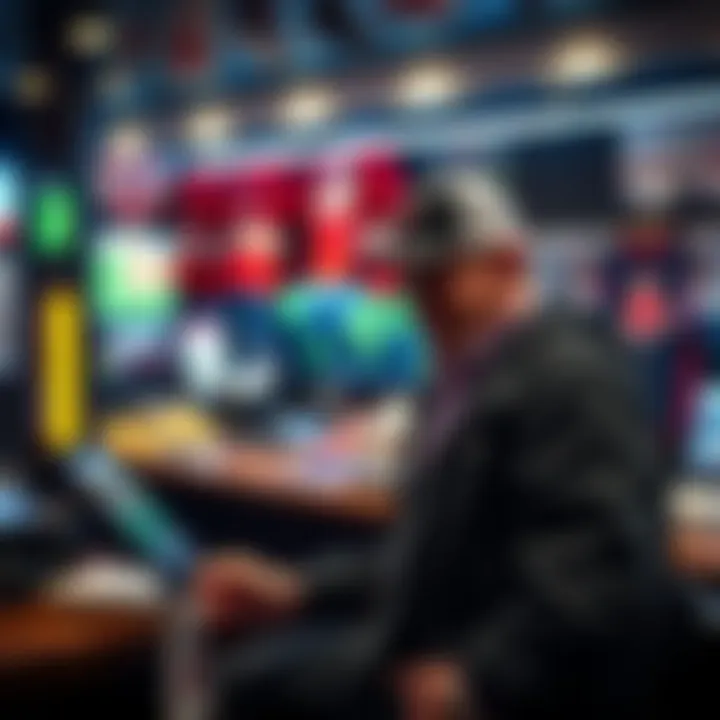 A fan placing a bet on a baseball game at a sports book, with Red Sox merchandise visible in the background.