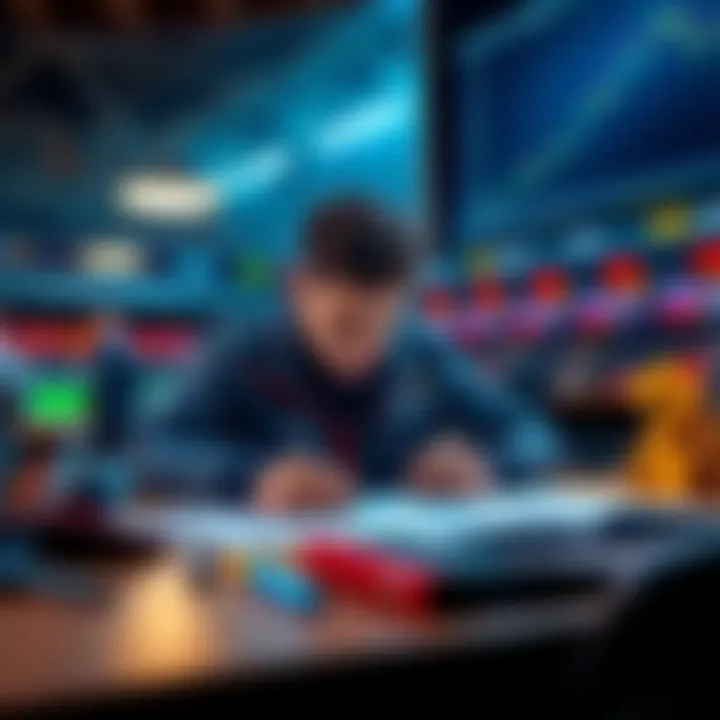 A person studying sports statistics and odds on a table, with soccer balls and money symbols in the background