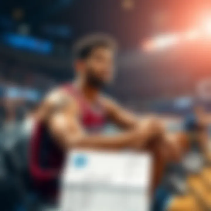 A basketball player sitting on the bench during a game, with a focus on a betting slip in the foreground.