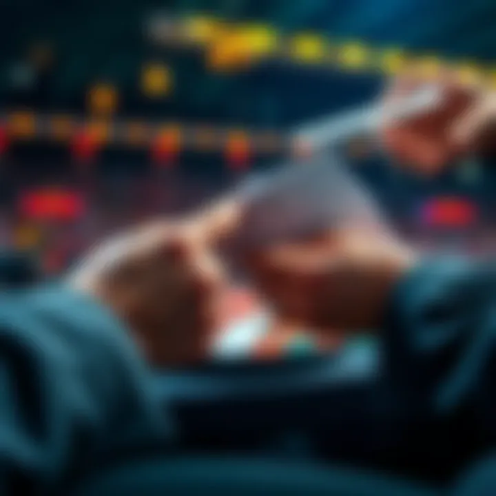 A close-up of hands placing bets on sports events involving corners and cards