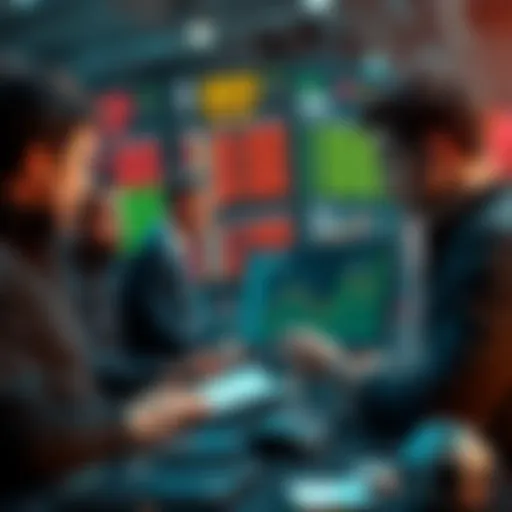A group of people analyzing sports betting options and strategies with charts and odds displayed.