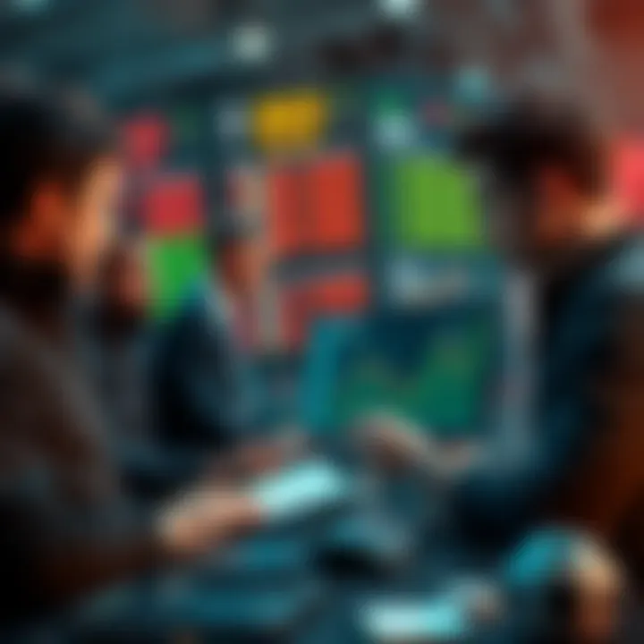 A group of people analyzing sports betting options and strategies with charts and odds displayed.