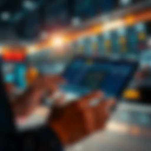 A person analyzing betting options on a digital device with charts and graphs showing winning odds.
