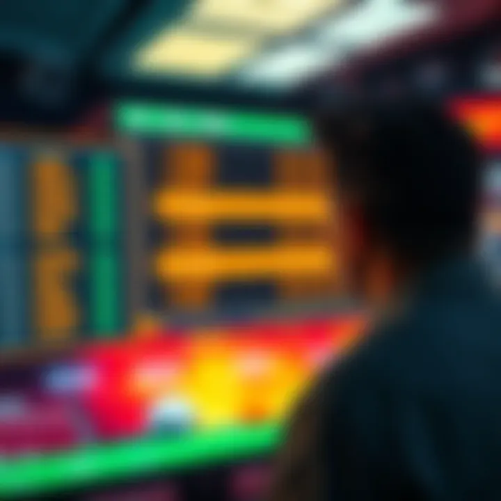 A person looking at a computer screen displaying various betting options that appear faint or unclear