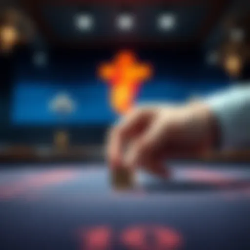 A hand placing a small coin on a betting table with a faint image of a religious symbol in the background