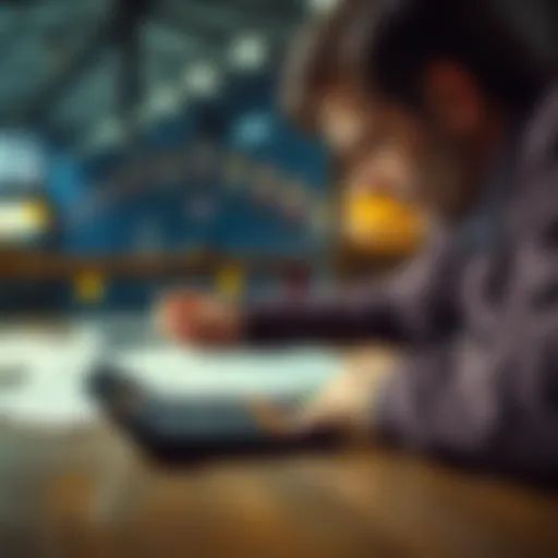 A person contemplating betting strategies with betting slips and a calculator on a table