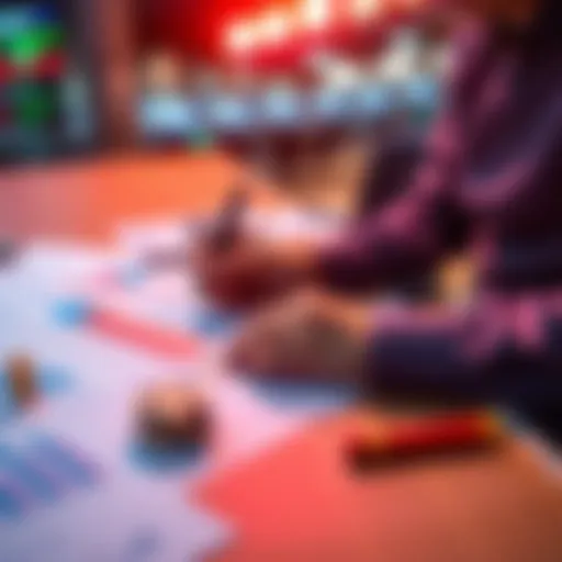A person analyzing betting amounts with charts and notes on a table, considering small and large bets in sports betting.