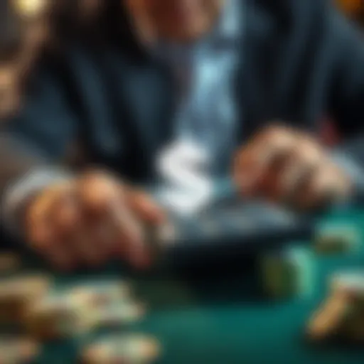 A graphic showing a person calculating bets with chips and a calculator, highlighting a dollar sign and escalating amounts up to five thousand dollars