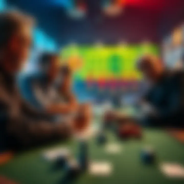 People discussing betting strategies with dice and cards on a table