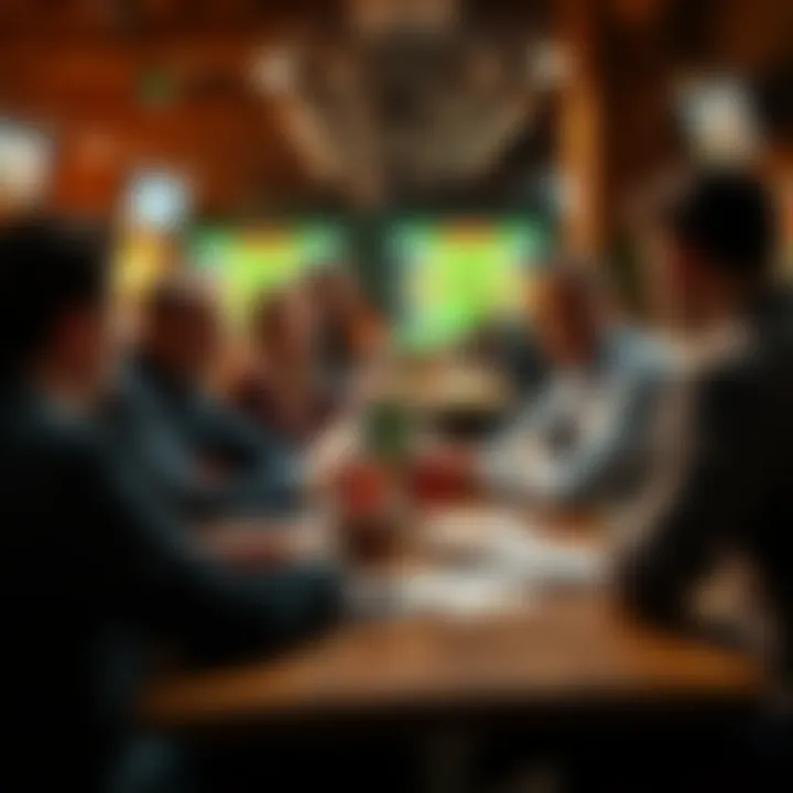 A group of people sitting at a table, engaged in a conversation about betting strategies, with papers and drinks on the table.