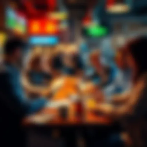 People discussing betting strategies at a table with papers and drinks