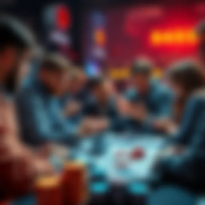 A group of people discussing betting strategies with a focus on a wager of fifty, surrounded by betting slips and chips.