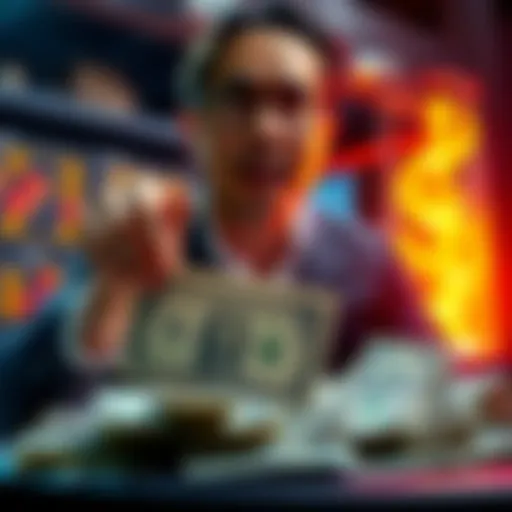 A person placing a one dollar bet with hopes of winning a thousand dollars, surrounded by dollar bills and a betting slip.