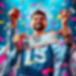 Celebration of Betting Success A person celebrating a betting win with a big smile, holding a ticket for a parlay bet, surrounded by confetti and money symbols