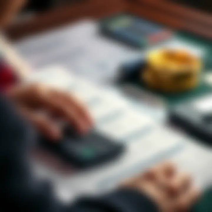 A person reviewing paperwork with betting slips and a calculator, illustrating the process of reporting betting wins and losses for tax purposes.
