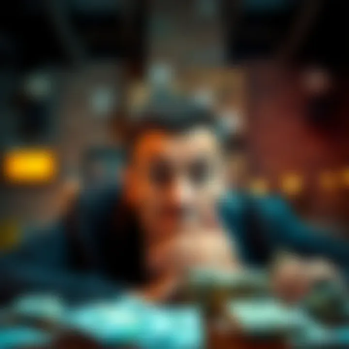 A person contemplating placing a sports bet with a worried expression, surrounded by money and betting slips