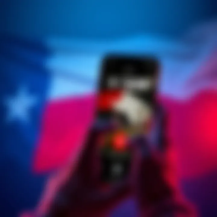 A person looking at a sports betting app on their smartphone with a Texas flag in the background.