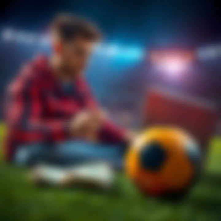 A football fan looking at betting options on a laptop with a football and money nearby