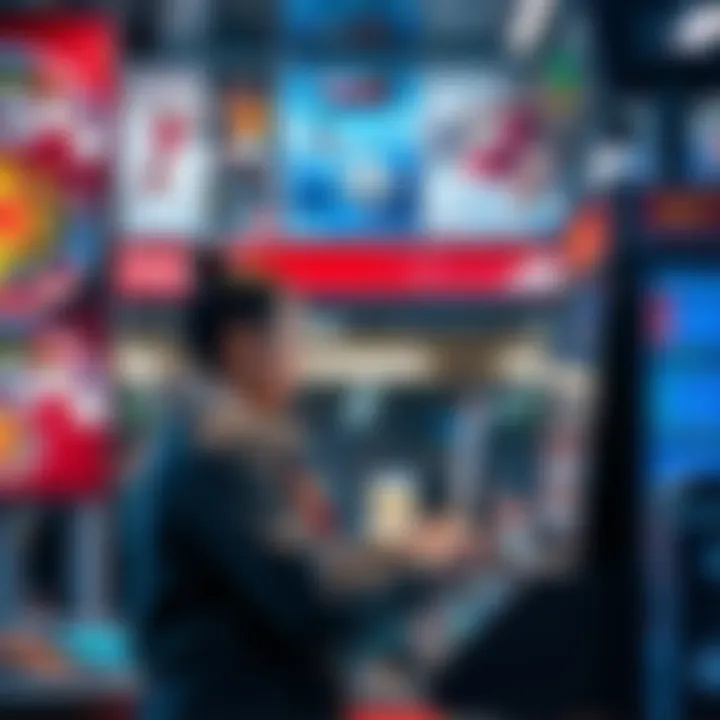 A person placing a bet at a sports betting kiosk with various sports posters in the background