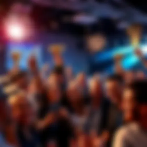 People celebrating their wins at a betting event with smiles and trophies