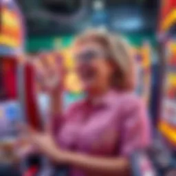 A woman celebrating her big win at a slot machine after a $100 bet