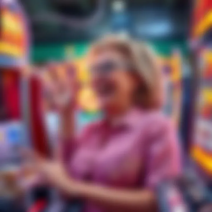 A woman celebrating her big win at a slot machine after a $100 bet