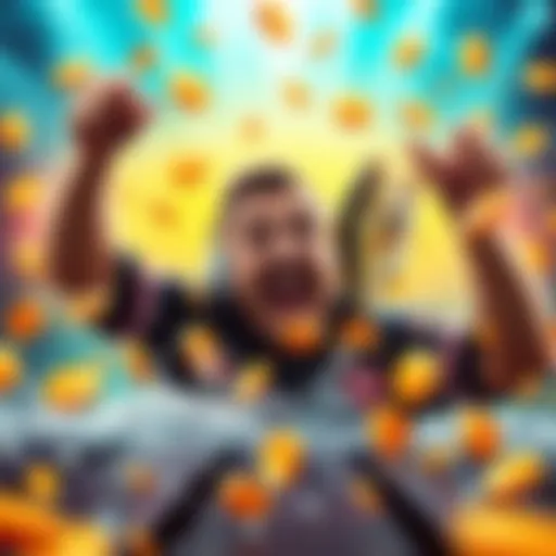 A player celebrating a big win on Big Bass Splash, showing excitement with bright graphics of fish and coins in the background.