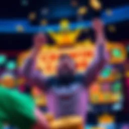 A player celebrating a huge jackpot win with colorful slot machine graphics in the background.