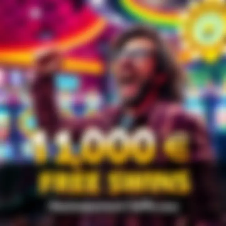 Big win from free spins A joyful player celebrating a 1,000 Euro win from free spins, with a bright casino background featuring slot machines and colorful lights.