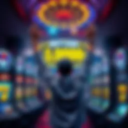 A person celebrating a huge gambling win with arms raised, surrounded by casino lights and slot machines.