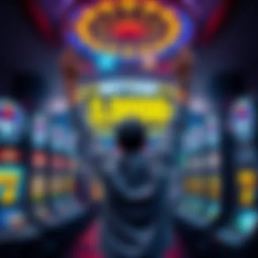 A person celebrating a huge gambling win with arms raised, surrounded by casino lights and slot machines.