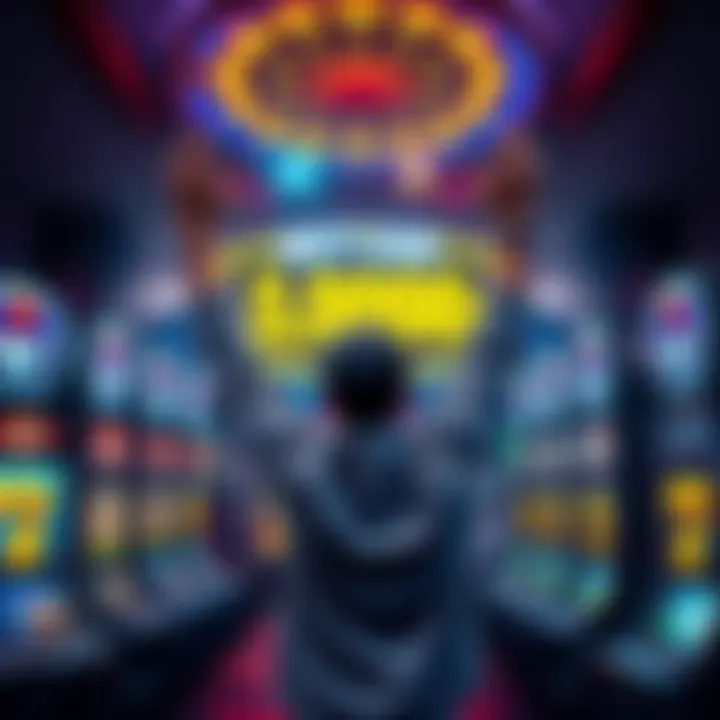 A person celebrating a huge gambling win with arms raised, surrounded by casino lights and slot machines.