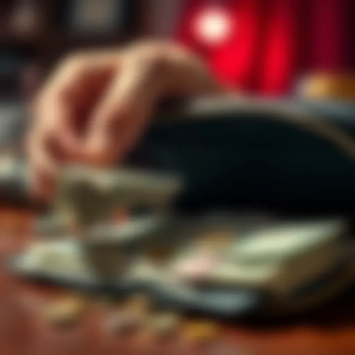 A hand holding a small stack of cash next to a nearly empty wallet, illustrating the contrast between large winnings and low account balances.